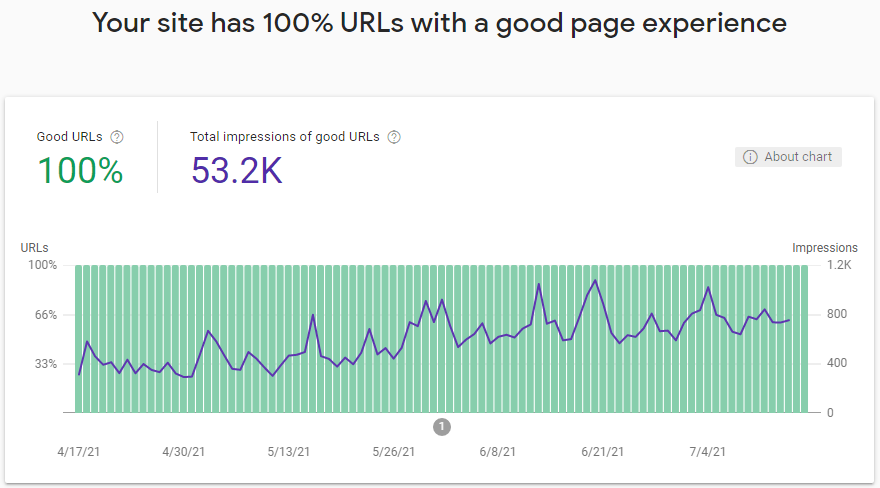 Printscreen from Google Search Console: 100% URLs with a good page experience.
